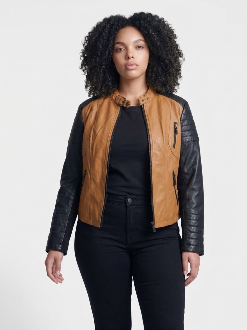 Black Rivet Two-Tone Tan and Black Leather Moto Jacket